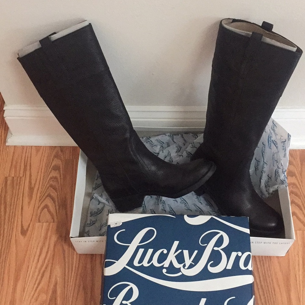 Lucky Brand Blk Leather Pull on Riding Boots